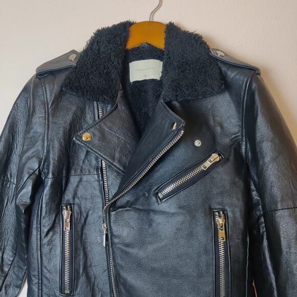 Deadwood Avery Recycled Leather Black Motorcycle Biker Jacket Fur Collar 38 XS/S - Picture 5 of 16